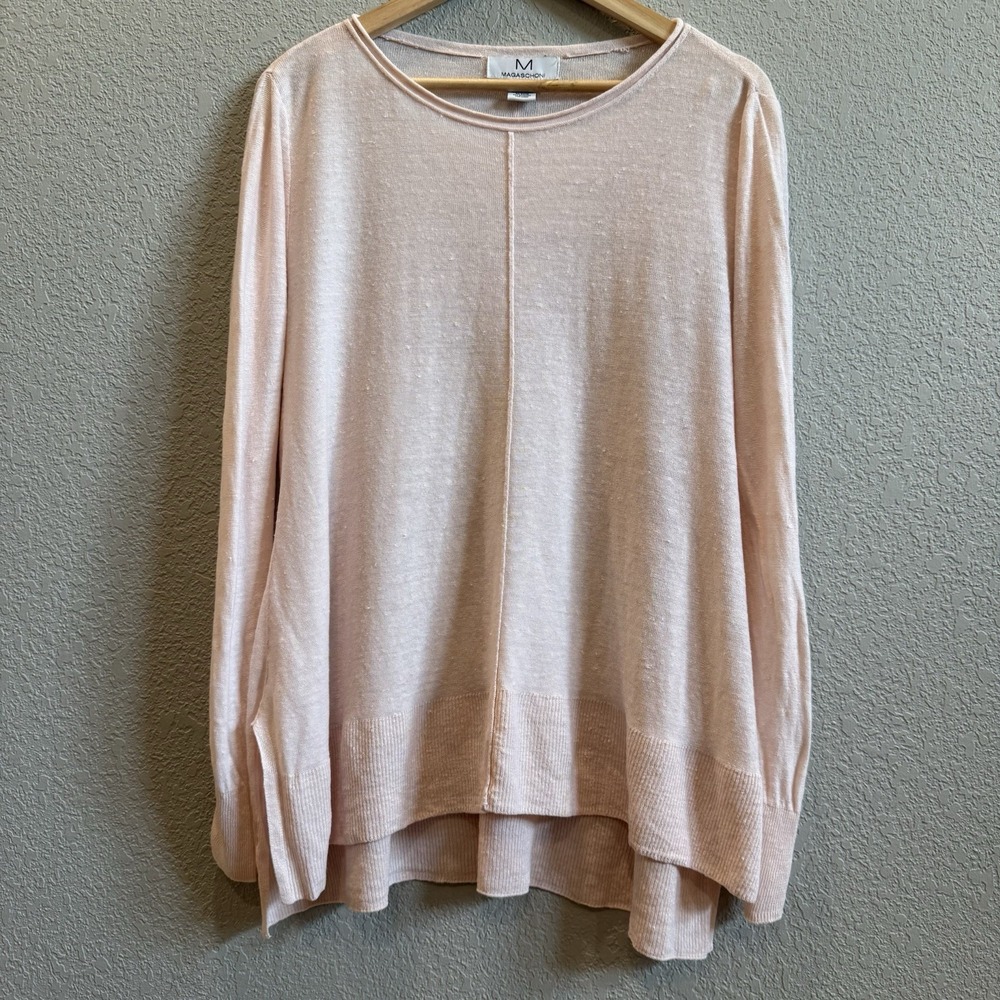 M MAGASCHONI 100% Linen Knit Sweater Pink Oversized Tunic Long Sleeve Small